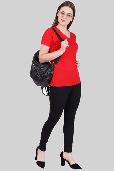 Women Plain V Neck Red T-Shirt - Image 3
