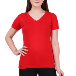 Women Plain V Neck Red T-Shirt