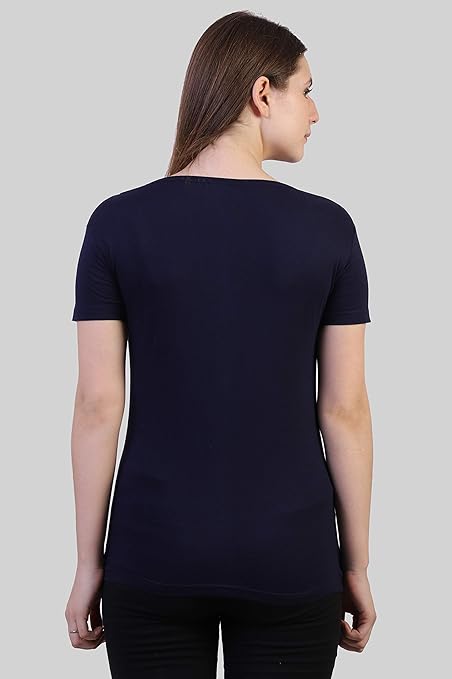Women Plain V Neck Navy Blue T-Shirt - Image 2