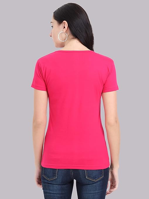 Women Plain V Neck Pink T-Shirt - Image 2