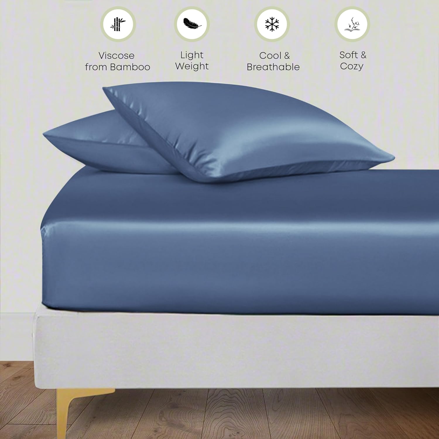 Solfru Blue Silk Bedsheet Deep Pocket with Pillowcase Double
