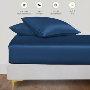 Solfru Navy Blue Silk Bedsheet Deep Pocket with Pillowcase