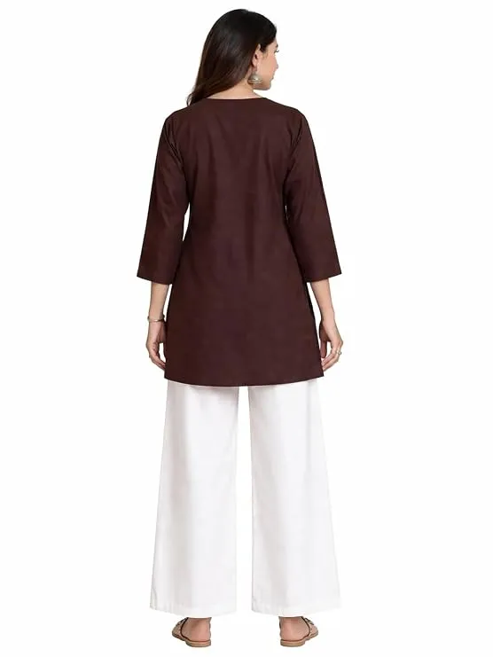 Brown V-Neck Women's Tunic with White Straight-Fit Pants - Image 2