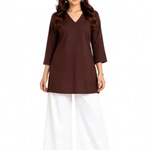 Brown V-Neck Women's Tunic with White Straight-Fit Pants