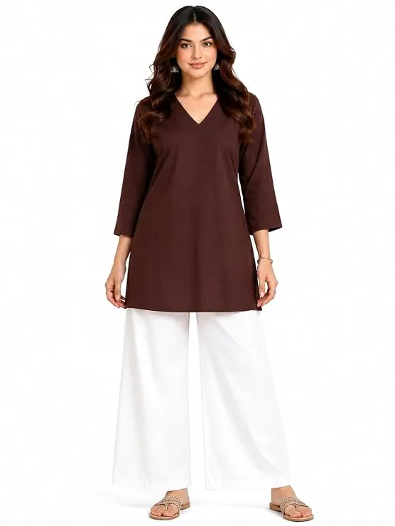Brown V-Neck Women's Tunic with White Straight-Fit Pants