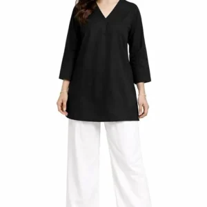 Black V-Neck Women's Tunic with White Straight-Fit Pants