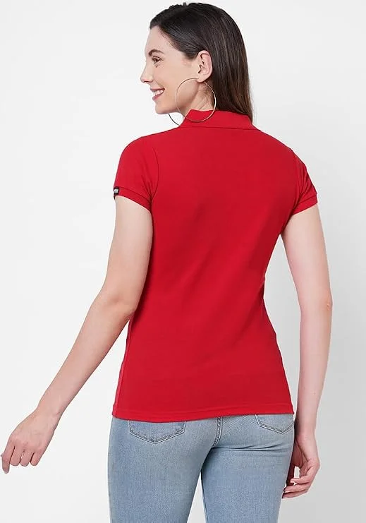 Red Women Collar Neck T-Shirt Top - Image 2